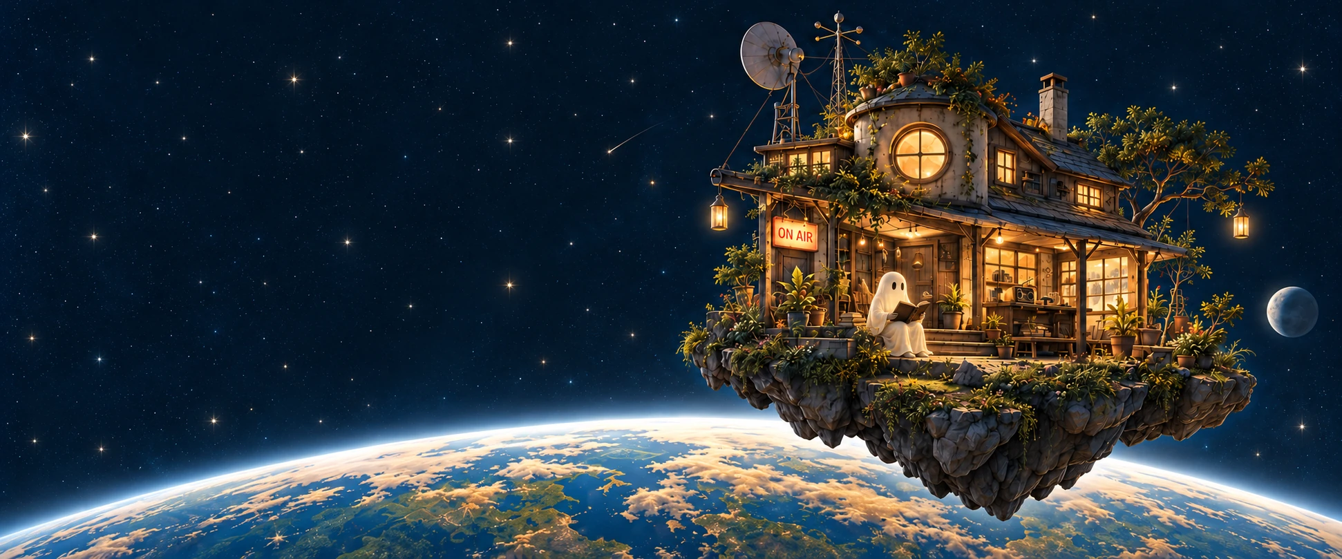 A friendly ghost waits on the glowing porch of a little house floating above a planet.